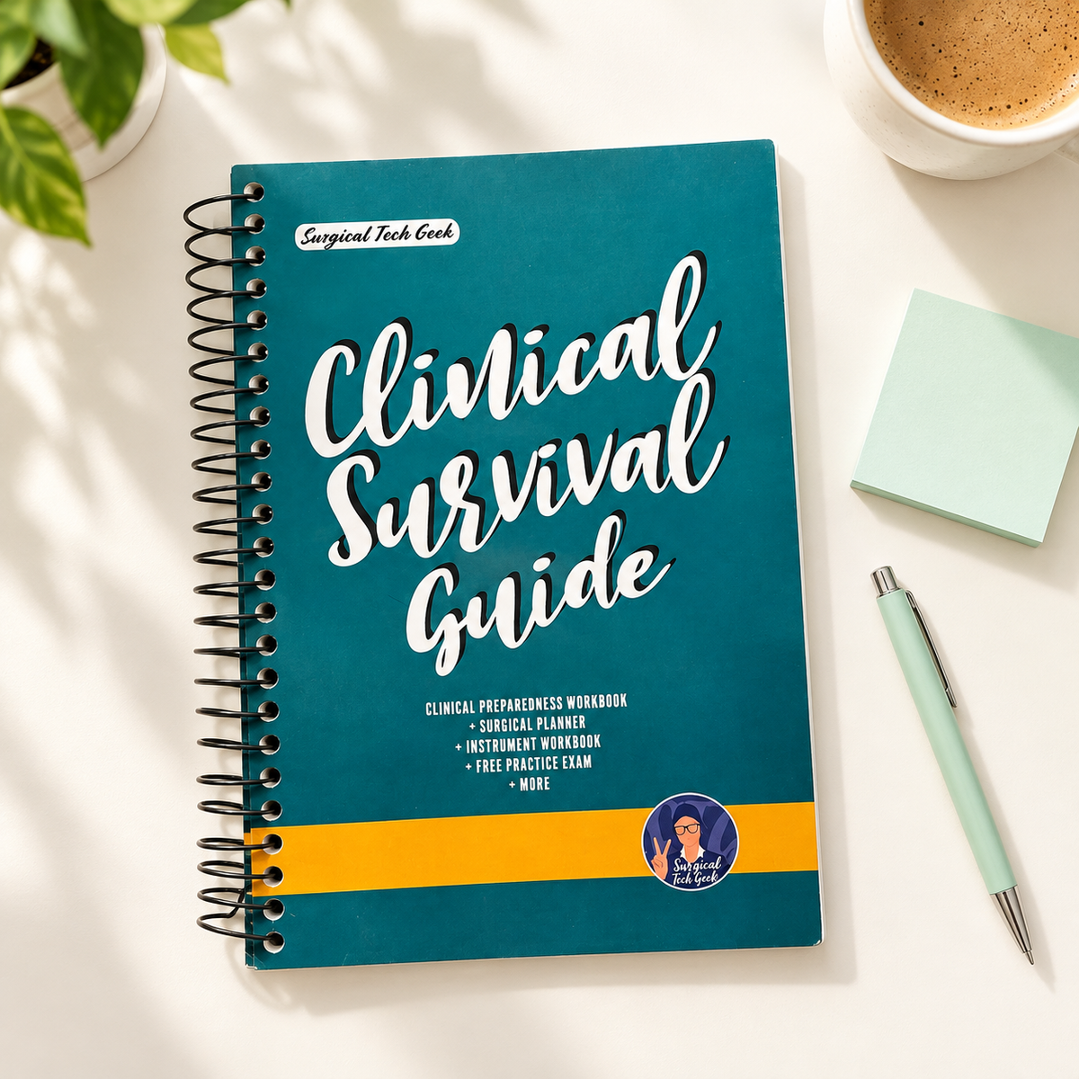 Clinical Survival Guide workbook on a student study desk