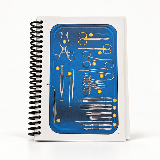 Surgical Guide interior page showing a blue tray with illustrated surgical instruments